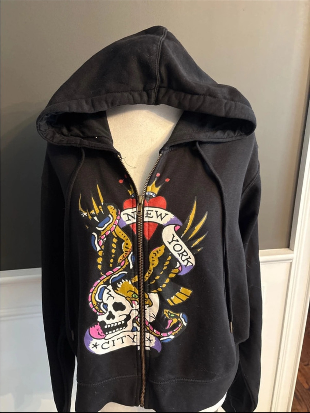 Ed Hardy Black Bomber Jacket with Multicolor Tattoo Graphic